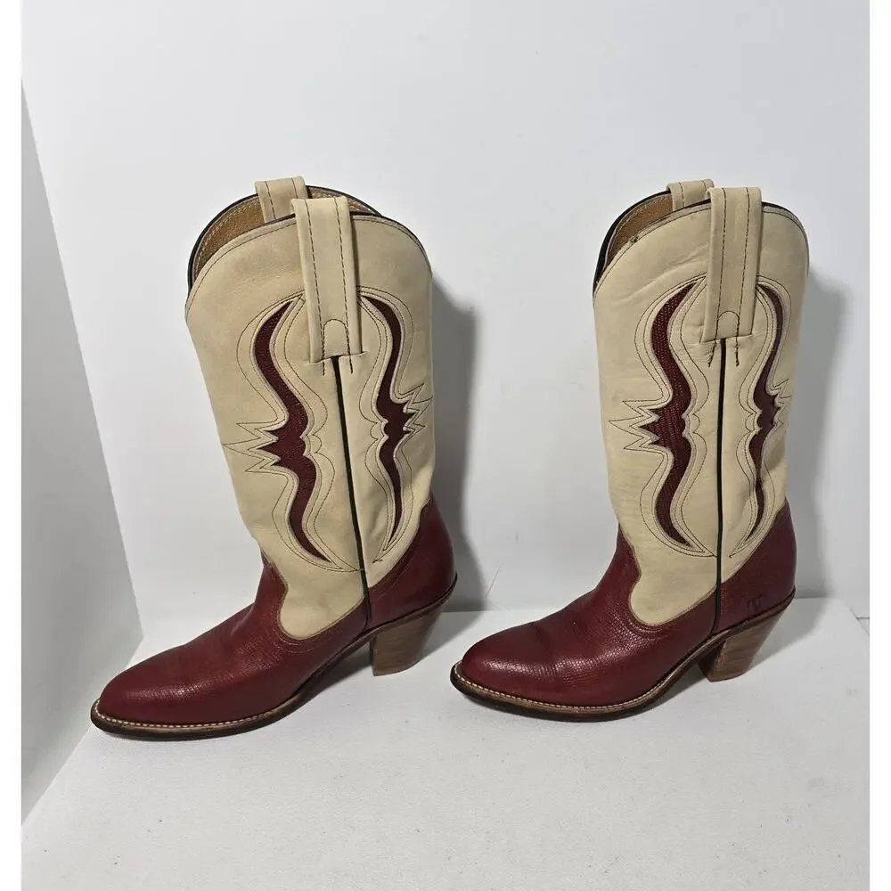 Vintage FRYE Tan Red Leather Bench Crafted Cowgirl Western Ladies Boots Sz 6B - Picture 4 of 16